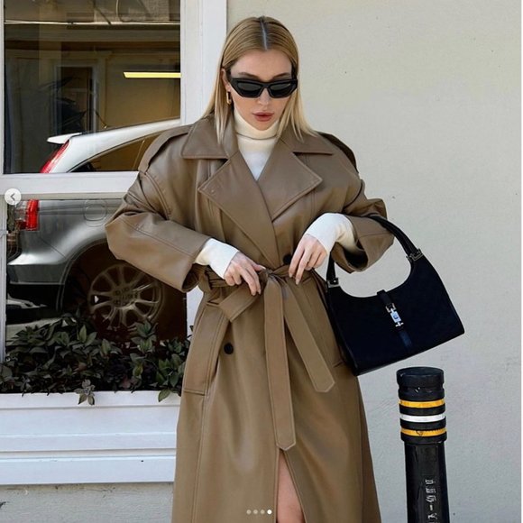 ZARA FAUX-LEATHER BELTED TRENCH COAT LIGHT BROWN S New without tags - Picture 3 of 9